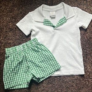 White Polo Shirt and Green Checkered Shorts Set